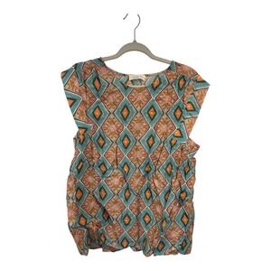 Doe and Rae Women 1XL Geometric Diamond Print Ruffle Sleeveless Blouse Blue Pink